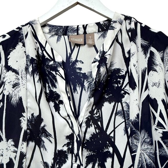 CHICO'S Palm Trees Blouse Navy Blue Medium (Chicos 1) 3/4 Sleeve Womens Top - Picture 2 of 9